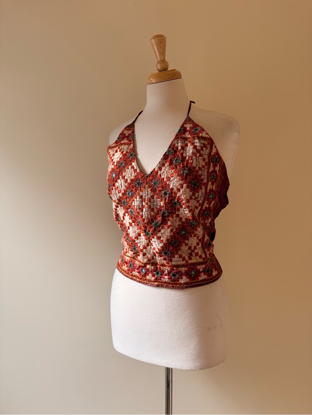 Vintage Indian Mirror Work Embroidered Halter Top Open Back XS-S